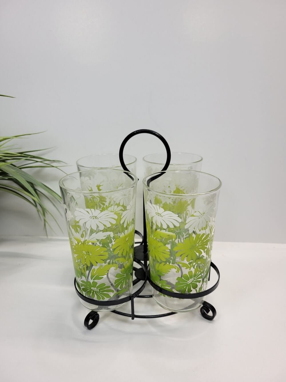 Vintage MCM Daisy Tumbler Glasses, Metal Caddy Set Retro Flower Power Barware
